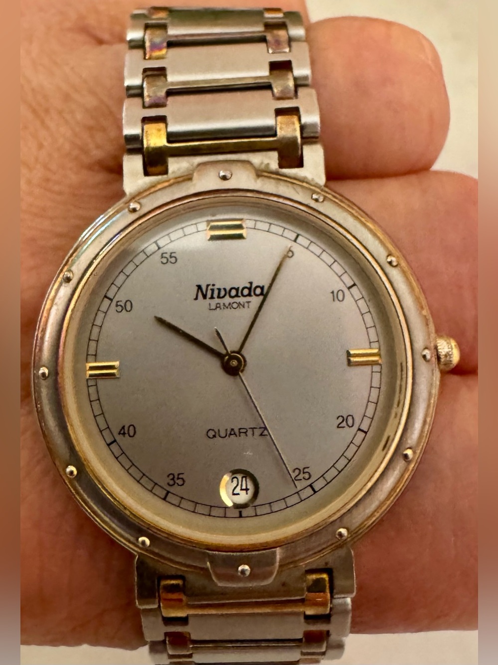 Vintage 80s Nivada Lamont Quartz Brushed Steel & Gold Ladies Swiss Watch